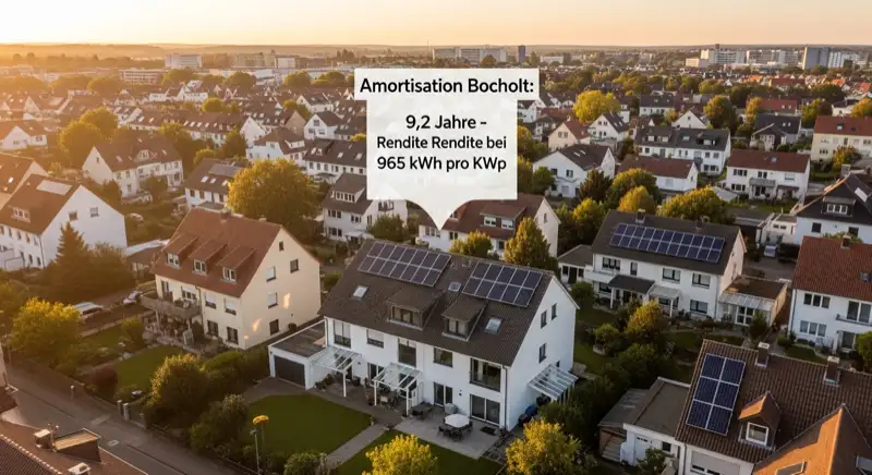 Aerial drone view of typical German residential neighborhood with mixed roof types, red and dark roof tiles, gardens visible, sunny day