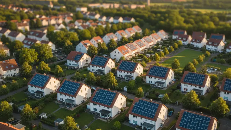 Typische Bochumer Bergbausiedlung mit Solaranlagen auf den Reihenhausdächern