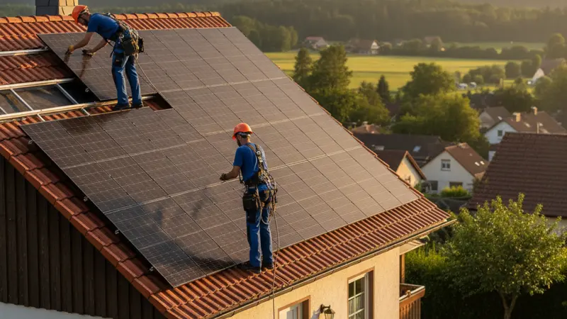 Fachberater prüft Solaranlage auf dem Dach eines Bochumer Hauses