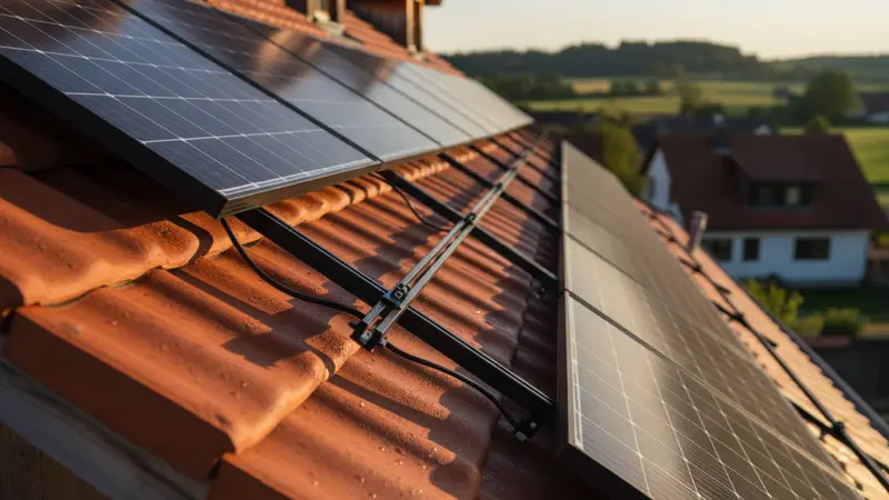 Detailaufnahme einer Solaranlage auf einem Bochumer Siedlungshaus mit typischer Ruhrgebiets-Backsteinarchitektur