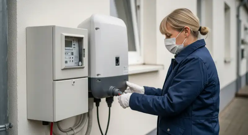 Modern German electrical meter cabinet (Zählerschrank) with smart meter and solar inverter connection, clean technical installation