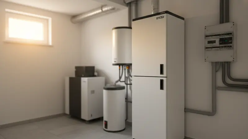 Batteriespeicher an der Wand eines Bochumer Hauskellers installiert