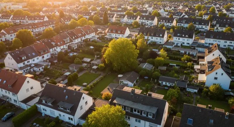 Aerial drone view of typical German residential neighborhood with mixed roof types, red and dark roof tiles, gardens visible, sunny day