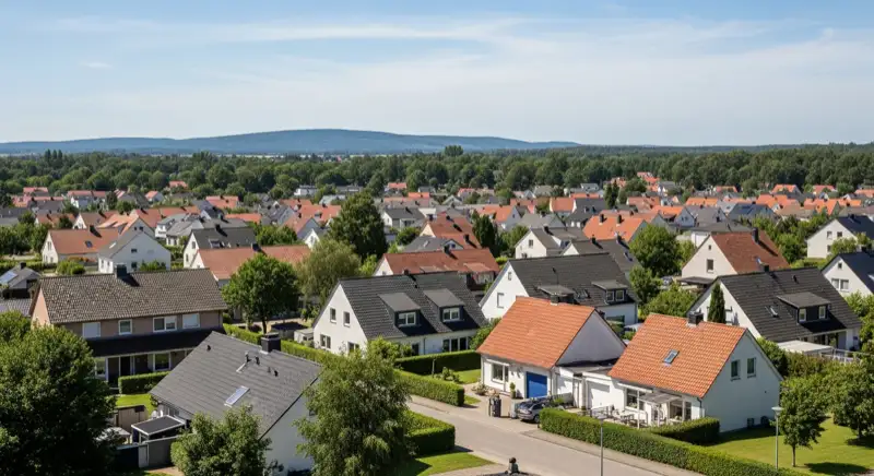 Aerial drone view of typical German residential neighborhood with mixed roof types, red and dark roof tiles, gardens visible, sunny day