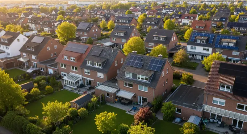 Aerial drone view of typical German residential neighborhood with mixed roof types, red and dark roof tiles, gardens visible, sunny day