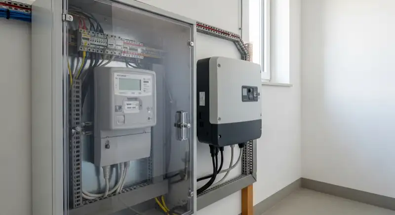 Modern German electrical meter cabinet (Zählerschrank) with smart meter and solar inverter connection, clean technical installation