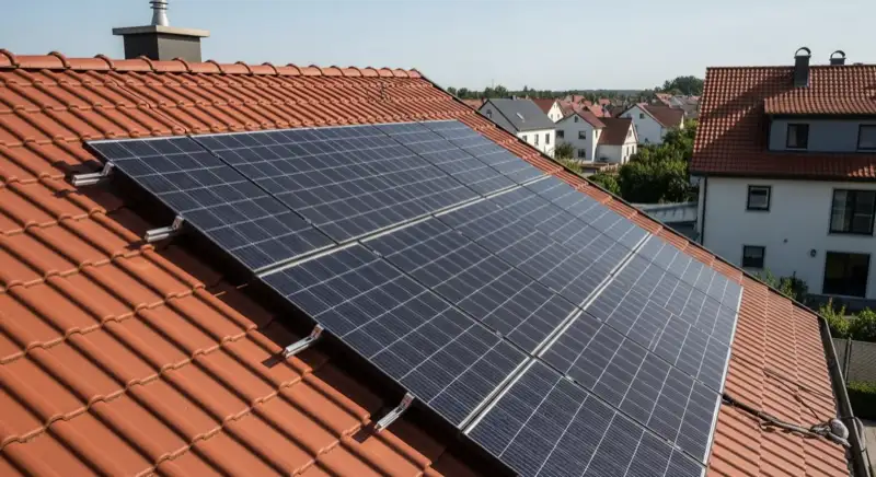 Solarmodule werden auf typischem Böblinger Einfamilienhaus mit rotem Ziegeldach montiert