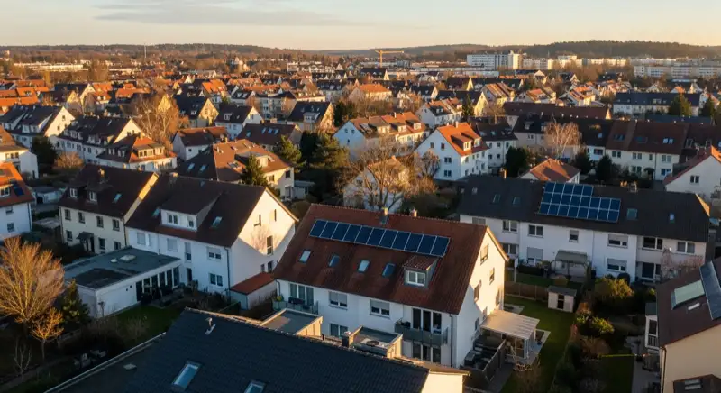 Aerial drone view of typical German residential neighborhood with mixed roof types, red and dark roof tiles, gardens visible, sunny day