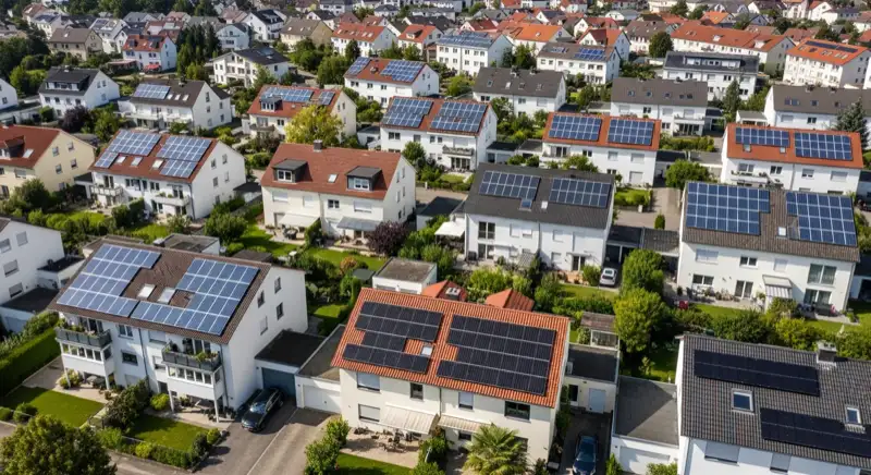 Aerial drone view of typical German residential neighborhood with mixed roof types, red and dark roof tiles, gardens visible, sunny day