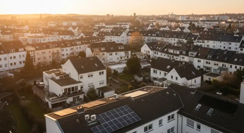 Wohngebiete in Bonn mit verschiedenen Bauformen, typische Einfamilienhäuser und Dachstrukturen aus der Luft