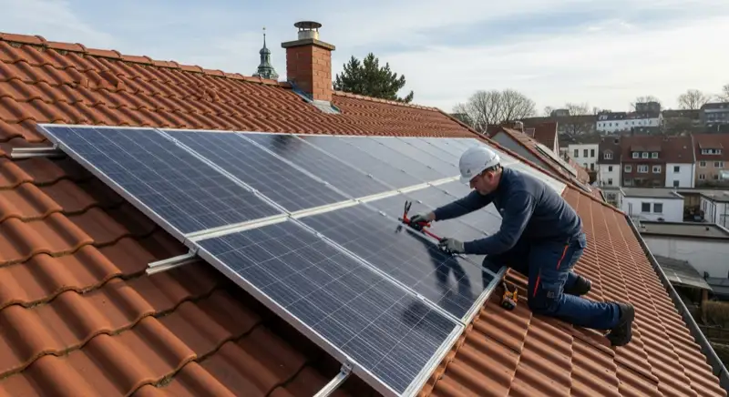 Installateur bei der Wartung einer Solaranlage auf einem Dach in Bonn
