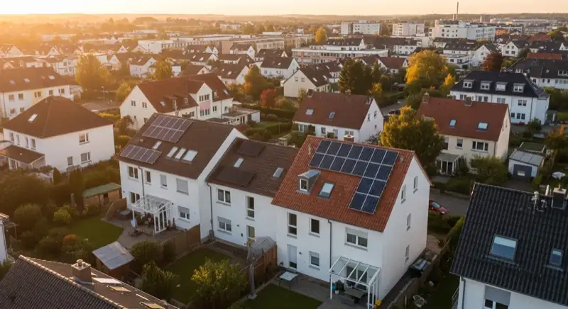 Aerial drone view of typical German residential neighborhood with mixed roof types, red and dark roof tiles, gardens visible, sunny day
