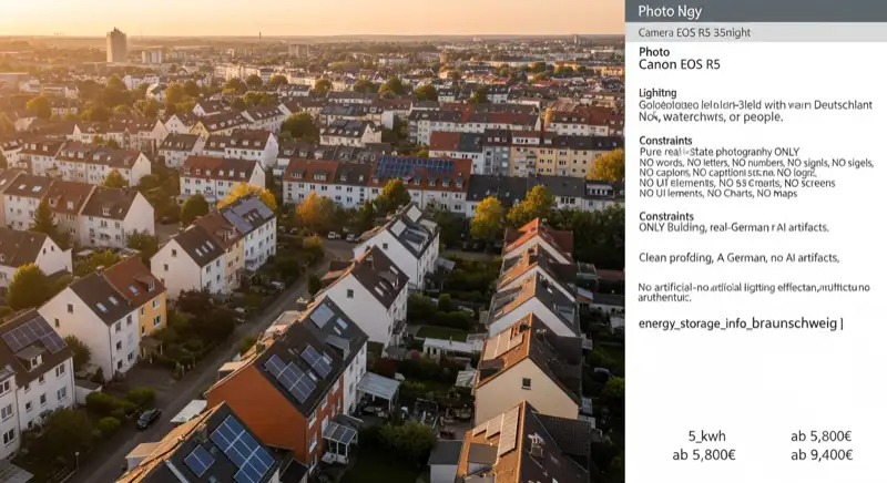 Aerial drone view of typical German residential neighborhood with mixed roof types, red and dark roof tiles, gardens visible, sunny day