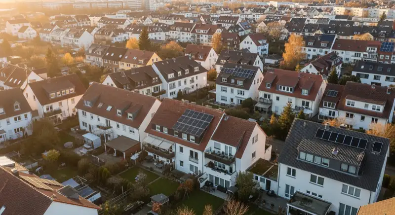 Aerial drone view of typical German residential neighborhood with mixed roof types, red and dark roof tiles, gardens visible, sunny day