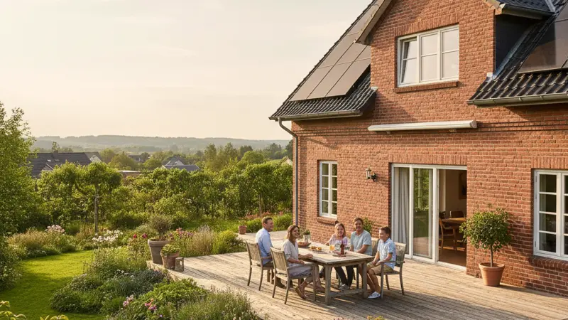 Familie vor Bremer Eigenheim mit Solaranlage auf dem Dach