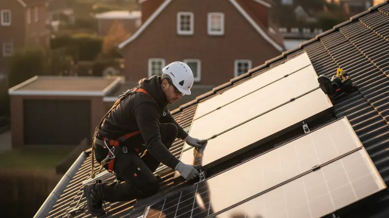 Solarinstallateur bei der Montage auf einem Bremer Dach