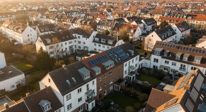 Aerial drone view of typical German residential neighborhood with mixed roof types, red and dark roof tiles, gardens visible, sunny day