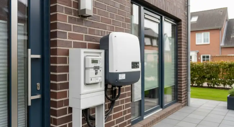 Modern German electrical meter cabinet (Zählerschrank) with smart meter and solar inverter connection, clean technical installation