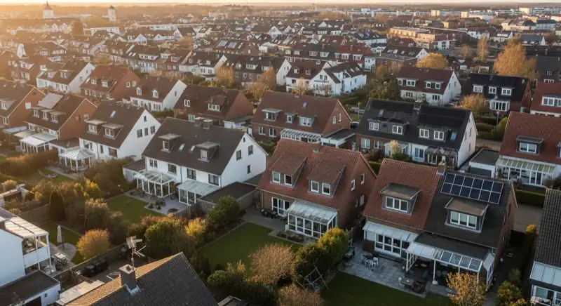 Aerial drone view of typical German residential neighborhood with mixed roof types, red and dark roof tiles, gardens visible, sunny day