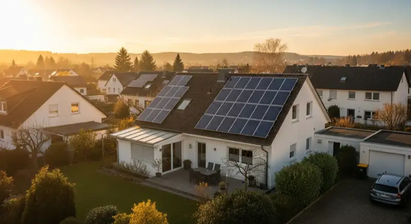 German detached house (Einfamilienhaus) with photovoltaic panels on pitched roof, well-maintained garden, warm afternoon sunlight