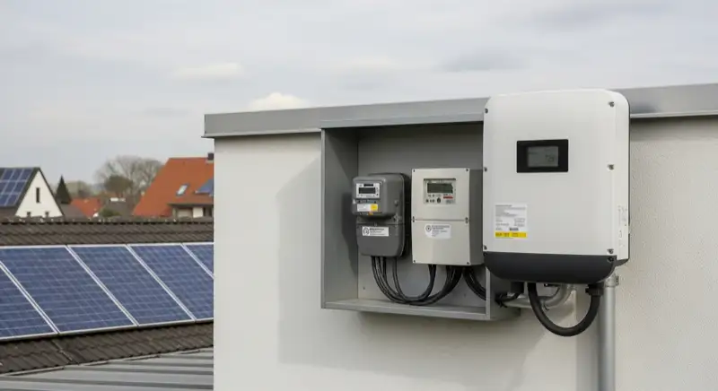 Modern German electrical meter cabinet (Zählerschrank) with smart meter and solar inverter connection, clean technical installation