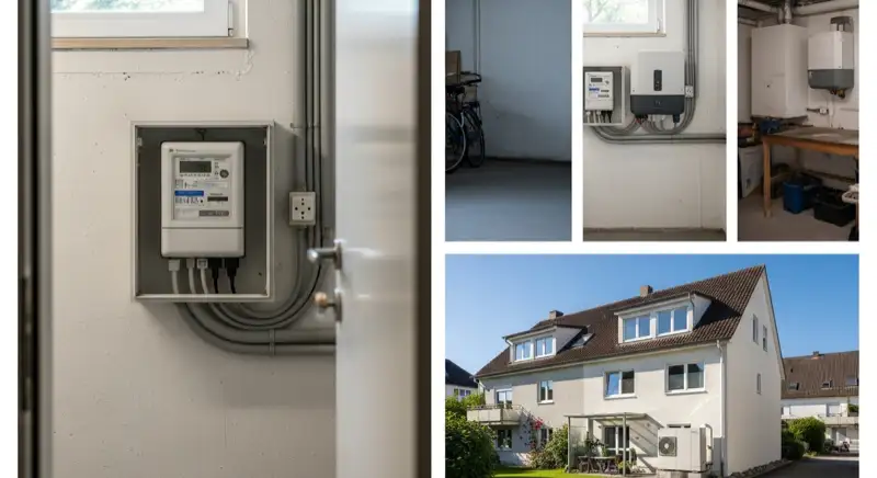 Modern German electrical meter cabinet (Zählerschrank) with smart meter and solar inverter connection, clean technical installation