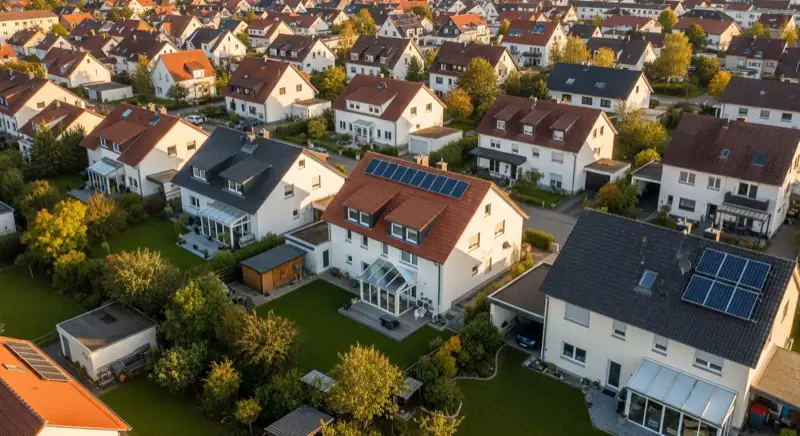 Aerial drone view of typical German residential neighborhood with mixed roof types, red and dark roof tiles, gardens visible, sunny day