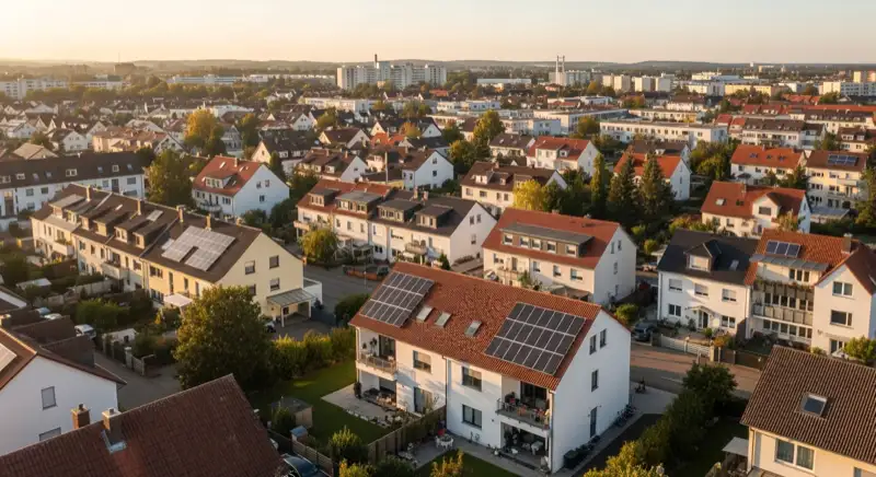 Aerial drone view of typical German residential neighborhood with mixed roof types, red and dark roof tiles, gardens visible, sunny day