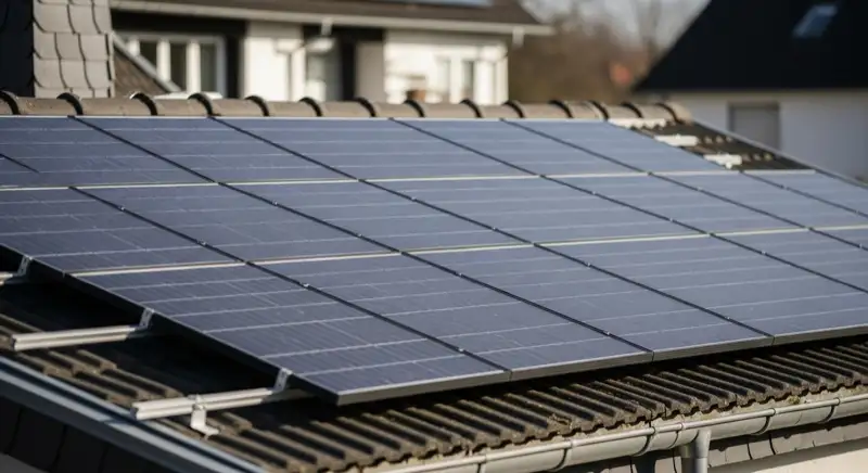 Solartechniker montiert Photovoltaikmodule auf Einfamilienhaus in Brühl