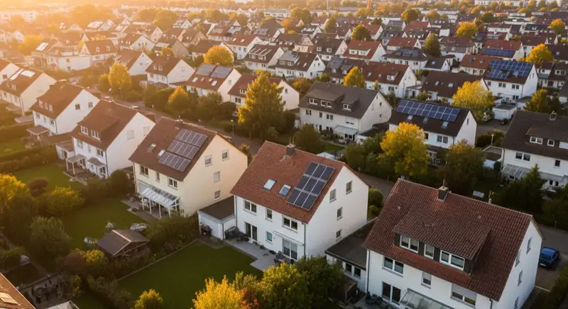 Aerial drone view of typical German residential neighborhood with mixed roof types, red and dark roof tiles, gardens visible, sunny day