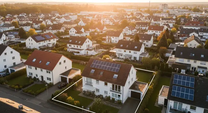 Aerial drone view of typical German residential neighborhood with mixed roof types, red and dark roof tiles, gardens visible, sunny day