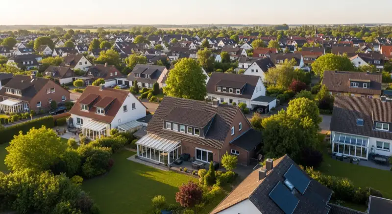 Aerial drone view of typical German residential neighborhood with mixed roof types, red and dark roof tiles, gardens visible, sunny day