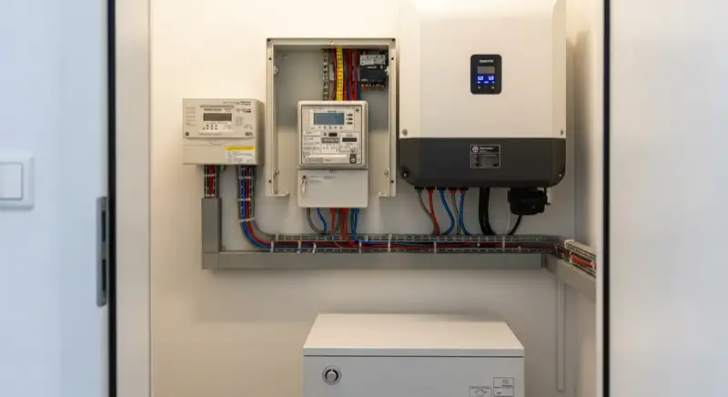 Modern German electrical meter cabinet (Zählerschrank) with smart meter and solar inverter connection, clean technical installation