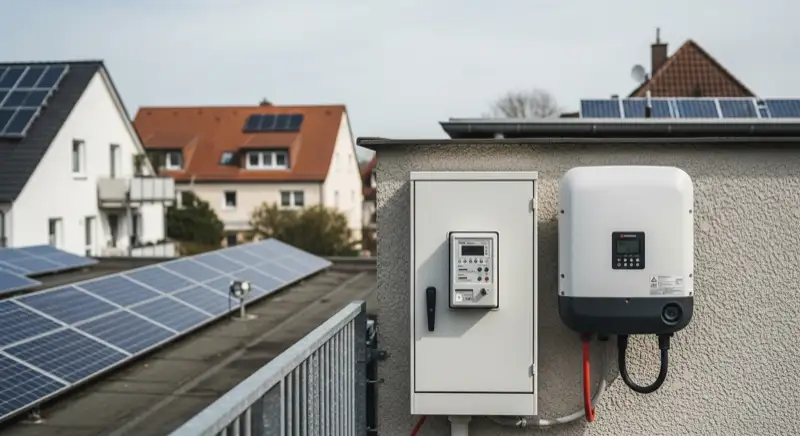 Modern German electrical meter cabinet (Zählerschrank) with smart meter and solar inverter connection, clean technical installation