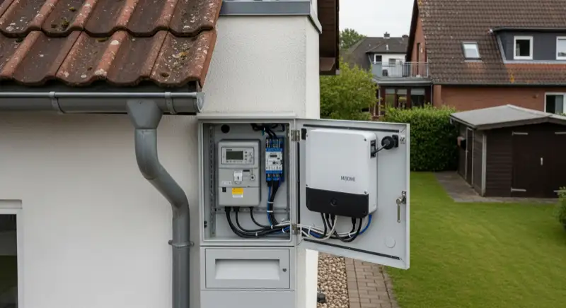Modern German electrical meter cabinet (Zählerschrank) with smart meter and solar inverter connection, clean technical installation