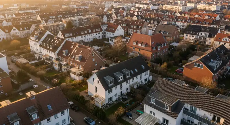 Aerial drone view of typical German residential neighborhood with mixed roof types, red and dark roof tiles, gardens visible, sunny day