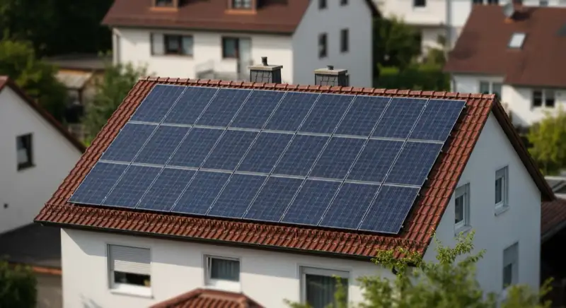Einfamilienhausdach mit Solarmodulen in einem Coburger Wohngebiet