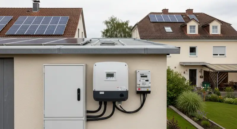 Modern German electrical meter cabinet (Zählerschrank) with smart meter and solar inverter connection, clean technical installation