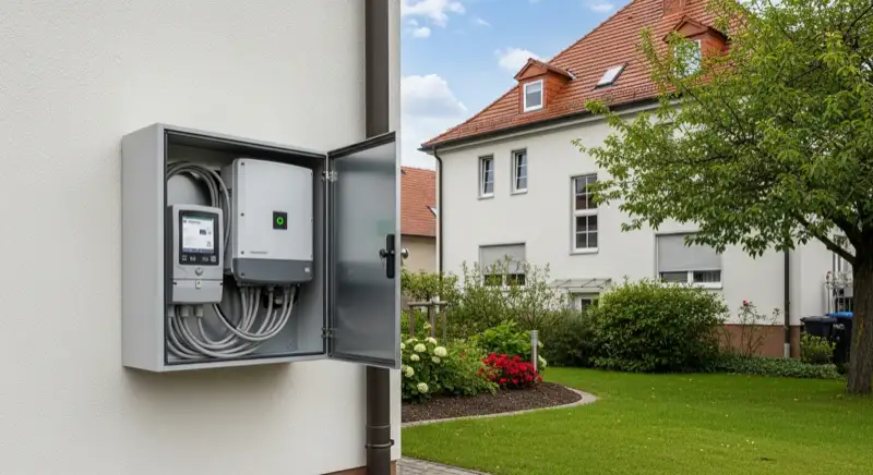 Modern German electrical meter cabinet (Zählerschrank) with smart meter and solar inverter connection, clean technical installation
