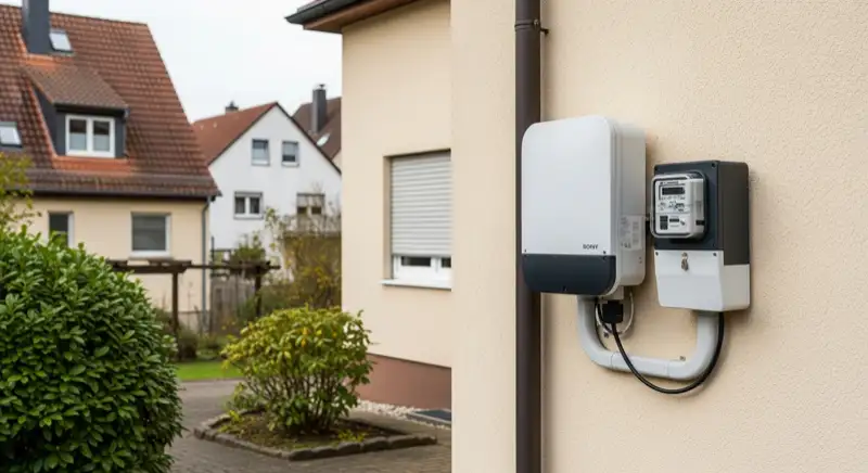Modern German electrical meter cabinet (Zählerschrank) with smart meter and solar inverter connection, clean technical installation