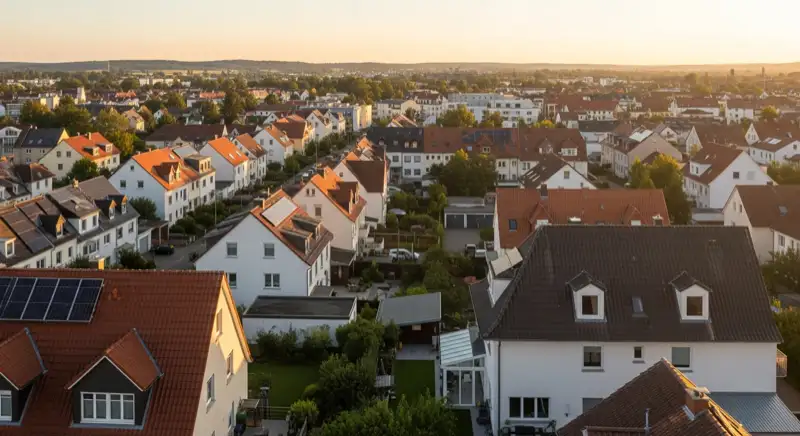 Aerial drone view of typical German residential neighborhood with mixed roof types, red and dark roof tiles, gardens visible, sunny day