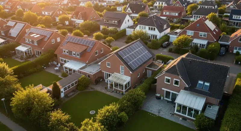Aerial drone view of typical German residential neighborhood with mixed roof types, red and dark roof tiles, gardens visible, sunny day