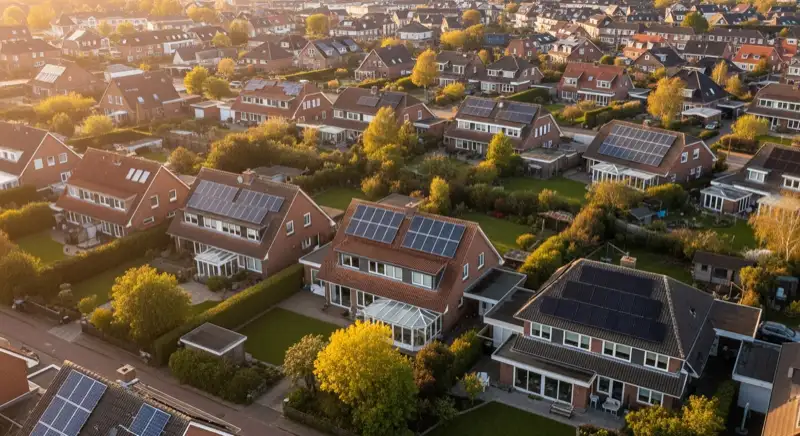 Aerial drone view of typical German residential neighborhood with mixed roof types, red and dark roof tiles, gardens visible, sunny day