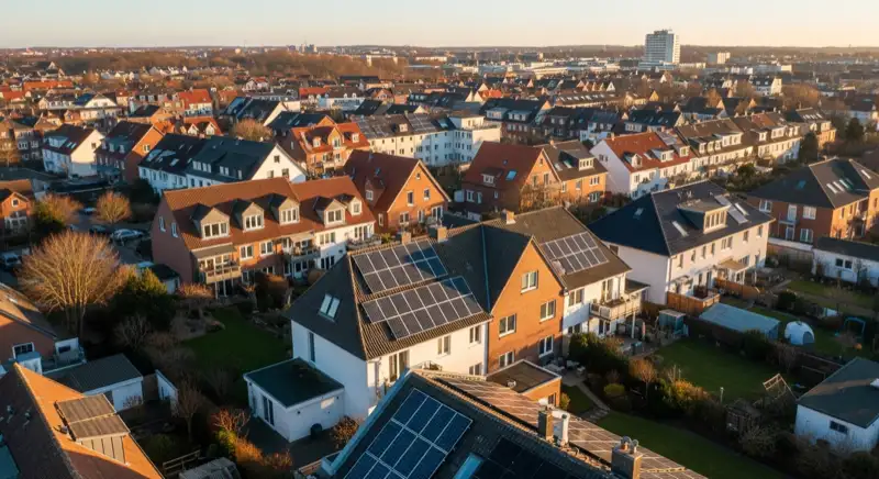 Aerial drone view of typical German residential neighborhood with mixed roof types, red and dark roof tiles, gardens visible, sunny day