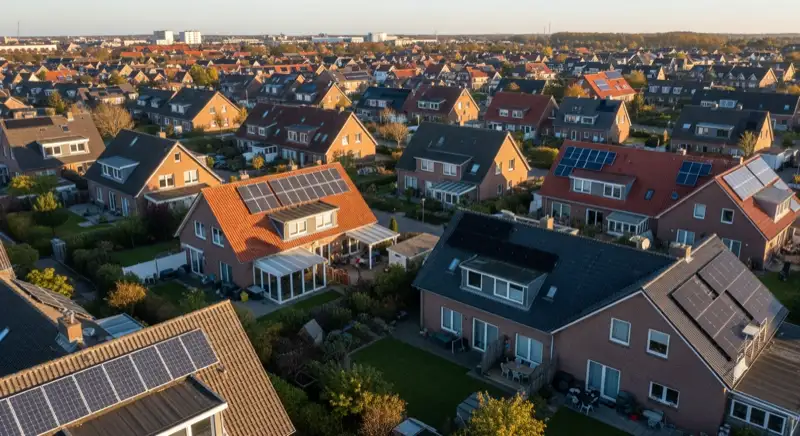 Aerial drone view of typical German residential neighborhood with mixed roof types, red and dark roof tiles, gardens visible, sunny day