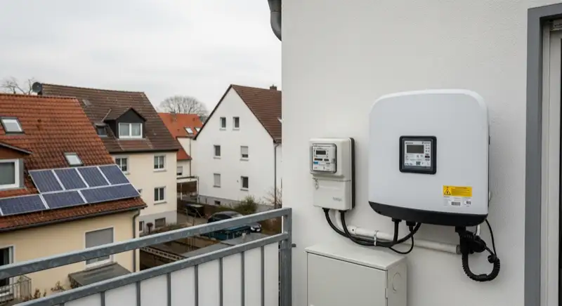 Modern German electrical meter cabinet (Zählerschrank) with smart meter and solar inverter connection, clean technical installation