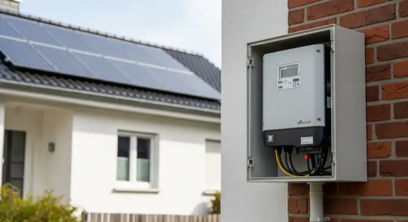Modern German electrical meter cabinet (Zählerschrank) with smart meter and solar inverter connection, clean technical installation
