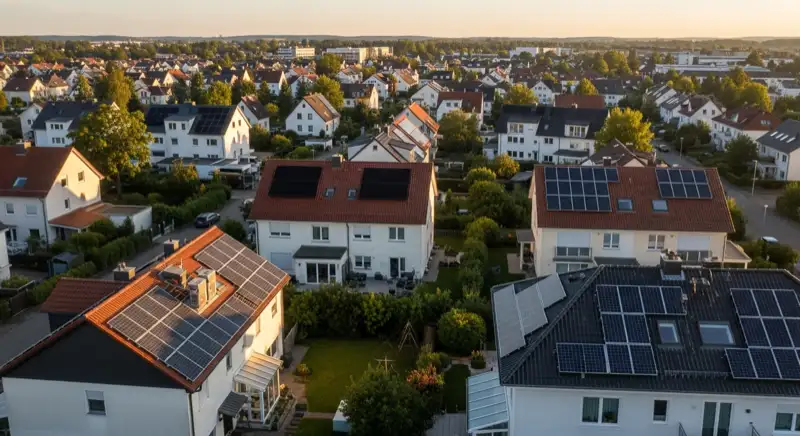 Aerial drone view of typical German residential neighborhood with mixed roof types, red and dark roof tiles, gardens visible, sunny day