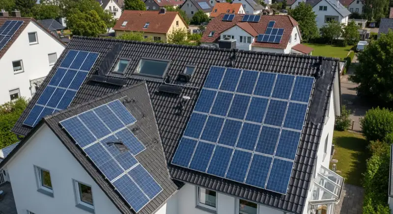Großes Einfamilienhausdach mit Solarmodulen in einem ruhigen Wohngebiet von Dessau-Roßlau