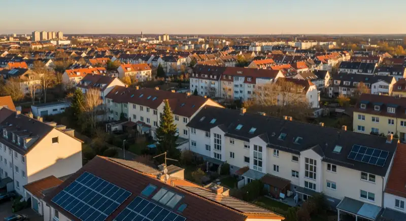 Aerial drone view of typical German residential neighborhood with mixed roof types, red and dark roof tiles, gardens visible, sunny day